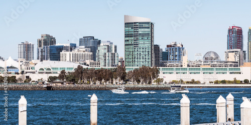 panorama of the San Diego Convention Center and Embarcadero Park from the Coronado Ferry with pleasure boats on the bay and a clear blue sky in the background