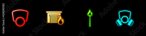 Set Gas mask, Fire in burning garage, Burning match with fire and icon. Vector