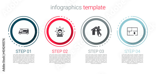 Set Fire truck, Flasher siren, in burning house and Evacuation plan. Business infographic template. Vector