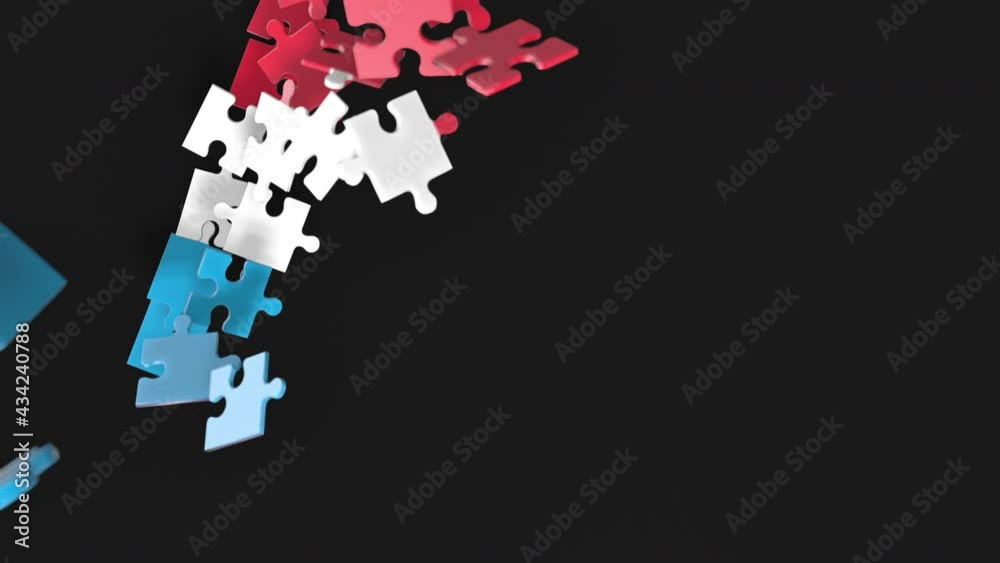 Animation of jigsaw puzzle assemble. Problem solving and completing concept. Luxembourg national flag integration. Symbol of association and connection. Isolated on dark background. Animation of jigsaw puzzle assemble. Problem solving and completing concept. Luxembourg national flag integration. Symbol of association and connection. Isolated on dark background.