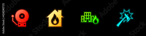 Set Ringing alarm bell, Fire burning house, buildings and Firefighter axe icon. Vector
