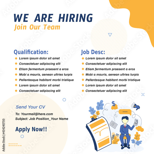 social media square banner for post feed. Job vacancies or job hiring templates with character illustrations