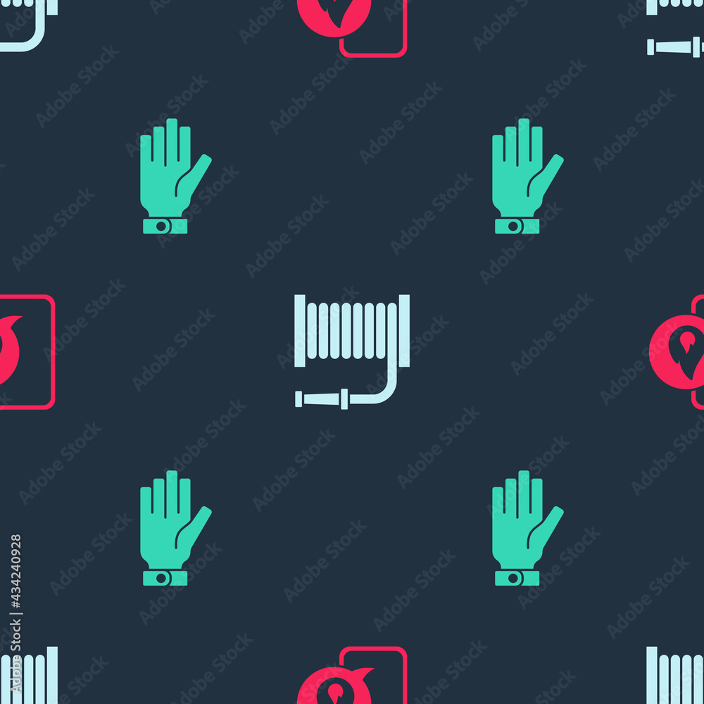 Obraz premium Set Phone with emergency call 911, Fire hose reel and Firefighter gloves on seamless pattern. Vector