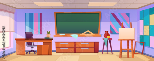 Art classroom with easel, chalkboard, paintings on wall and teacher desk. Vector cartoon illustration of empty school class interior with artist equipment for education children to draw
