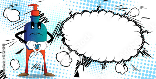 Cartoon bottle of hand sanitizer gel for hygiene with face with heart shape hand gesture.