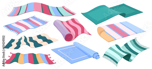 Carpet collection, floor rugs with striped pattern and tassels. Vector cartoon set of cloth mats for home interior and picnic, rectangle cotton woven carpets isolated on white background