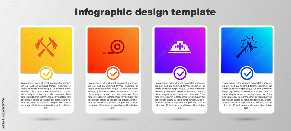 Set Firefighter axe, hose reel, helmet and . Business infographic template. Vector Set Firefighter axe, hose reel, helmet and . Business infographic template. Vector