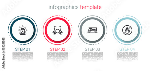 Set Flasher siren, Gas mask, Fire truck and No fire. Business infographic template. Vector