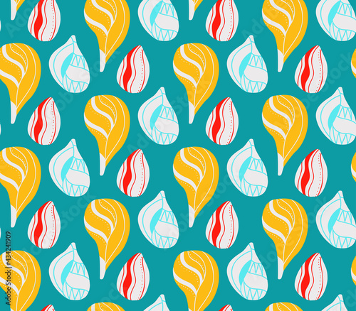 Seamless pattern with cartoon seashells with doodle ornament in row on blue background. Flat texture with ocean inhabitants with boho ornaments. Vector wallpaper with molluscs and shells