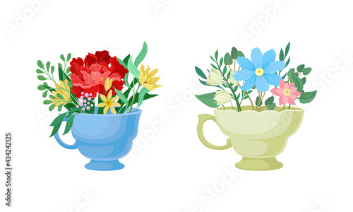 Bouquet of Blooming Flowers in Ceramic Vase with Handle Vector Set