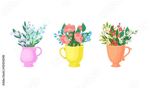 Bouquet of Blooming Flowers in Ceramic Vase with Handle Vector Set