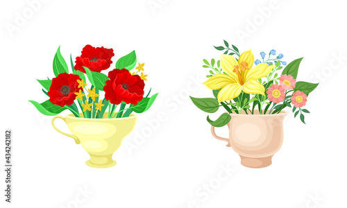Bouquet of Blooming Flowers in Ceramic Vase with Handle Vector Set
