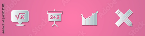Set paper cut Square root of x glyph, Chalkboard, Graph, schedule, chart, diagram and Crossed ruler and pencil icon. Paper art style. Vector
