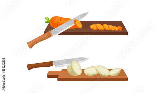 Sharp Knife Chopping Vegetables on Wooden Cutting Board Vector Set