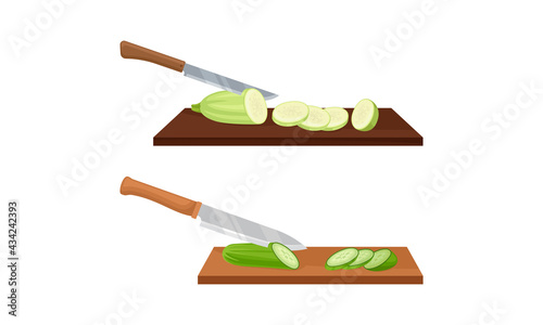 Sharp Knife Chopping Vegetables on Wooden Cutting Board Vector Set