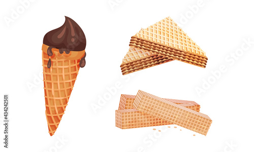 Waffle as Sweet Dish from Leavened Batter or Dough and Ice Cream in Cone Vector Set