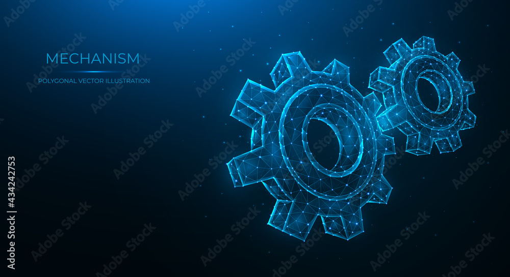 Polygonal vector illustration of a mechanism isolated on a blue background. Gears, cogwheel or settings. Industrial or mechanical engineering.