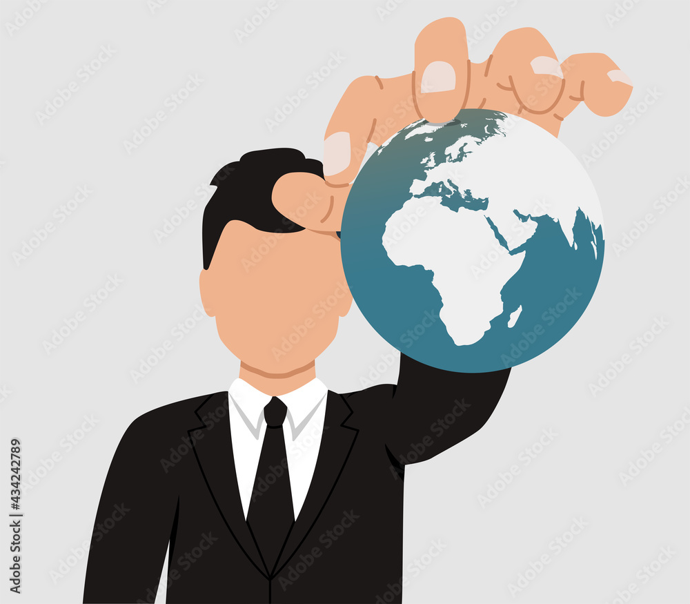 The concept of world domination. A businessman holds the planet Earth in his hands. The faceless man controls the population of the Earth. The concept of world domination. A businessman holds the planet Earth in his hands. The faceless man controls the population of the Earth.