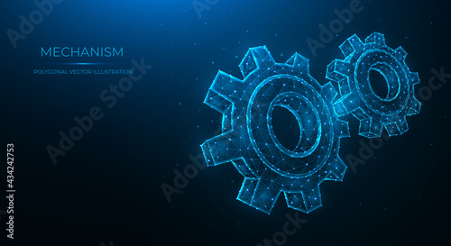 Polygonal vector illustration of a mechanism isolated on a blue background. Gears, cogwheel or settings. Industrial or mechanical engineering.