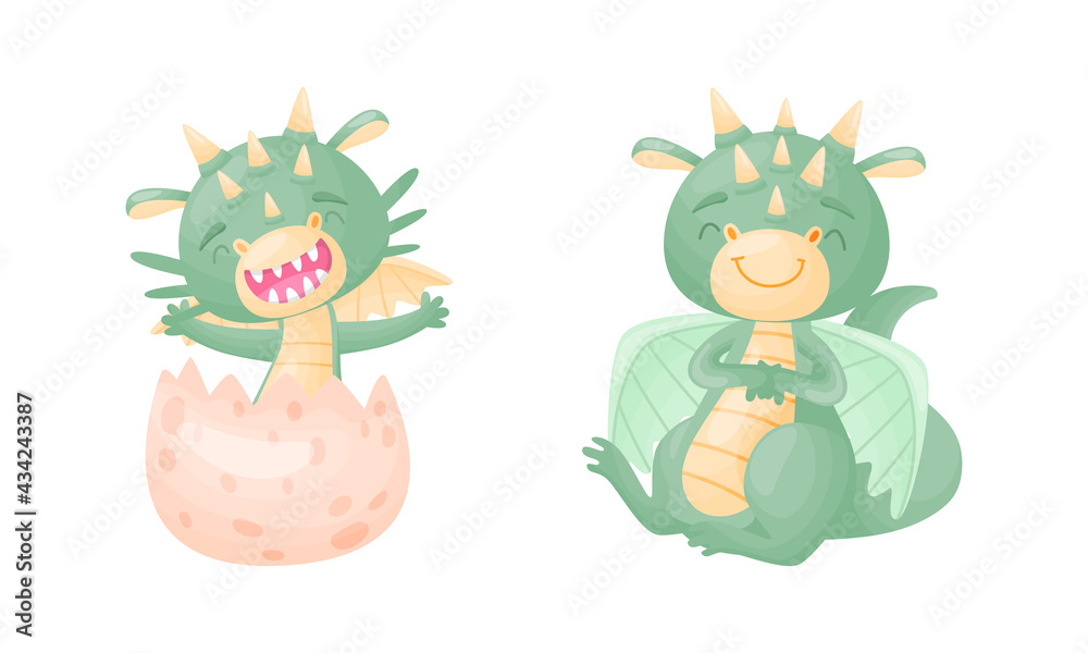 Cute Dragons as Horned and Winged Four-legged Creature from Fairytale Vector Set Cute Dragons as Horned and Winged Four-legged Creature from Fairytale Vector Set