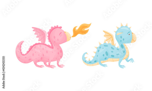 Cute Dragons as Horned and Winged Four-legged Creature from Fairytale Vector Set