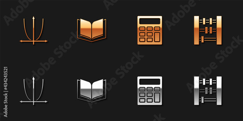 Set Graph, schedule, chart, diagram, Open book, Calculator and Abacus icon. Vector