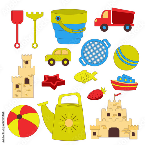 Vector set of toys for playing in the sandbox. Sand castles, bouncy balls for the sea. Children's bucket and watering can, shovel, rake, sandbox beads are isolated on a white background