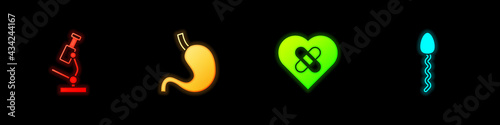 Set Microscope, Human stomach, Healed broken heart and Sperm icon. Vector