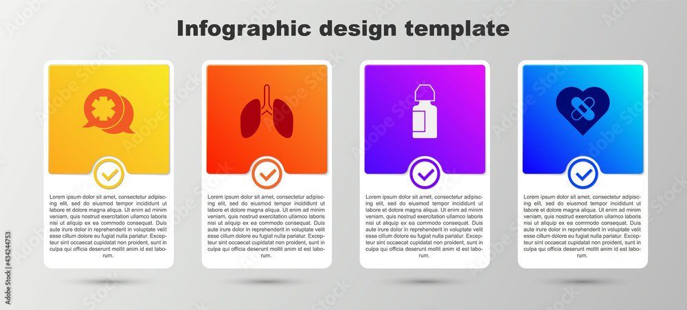 Set Dialogue with the doctor, Lungs, Eye drop bottle and Healed broken heart. Business infographic template. Vector