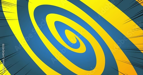 Yellow, blue mesmerizing 4k background animation. Comic book hypnotic spiral rotating motion. Cartoon stripe background rotation. Abstract pattern. photo