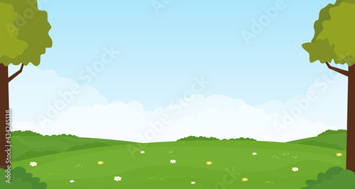 Beautiful nature landscape. Summer panorama with green hills, bright color blue sky and tree. Vector illustration.