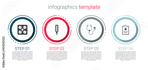 Set Pills in blister pack, Medical thermometer, Stethoscope and Clinical record. Business infographic template. Vector