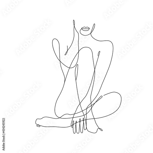Woman One Line Drawing. Female Figure Continuous Line Art Drawing. Woman Body Nude Illustration. Abstract Poster, Minimalist Sketch Naked Silhouette. Vector EPS 10