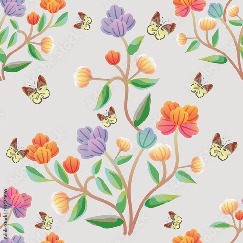 Flower graphice and little butterfly seamless pattern.vector illustration
