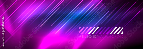 Neon glowing lines, magic energy and light motion background. Vector wallpaper template