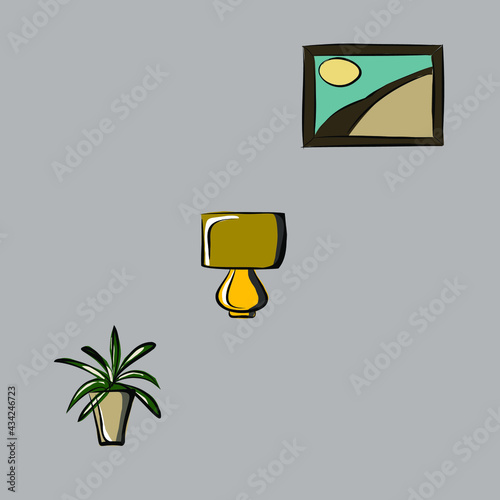Picture on the wall. Table lamp. Flower in a pot. Part of a set of furniture and interior accessories. Isolated vector objects.