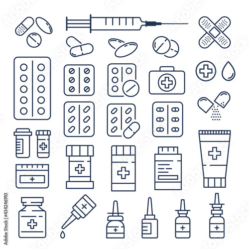 Set of vector medical icons. Tablets, capsules, blisters, medical cross, cream, ointment, vaccine, adhesive plaster, packaging, plastic and glass jars, ampoules, tube, nasal spray, nasal drops,pipette