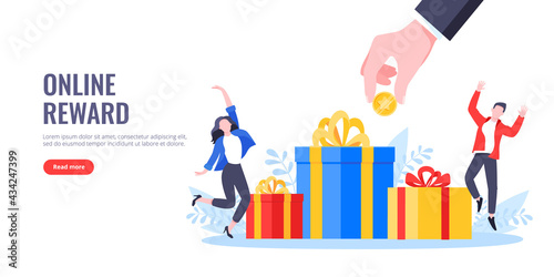 Earn loyalty program points, get online reward and gifts. Get loyalty card and customer service business concept flat design vector illustration. Tiny people with big gift boxes.
