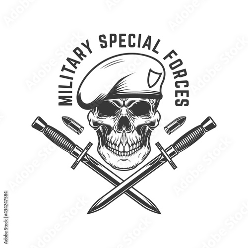Military special forces. Paratrooper skull with crossed knives. Design element for logo, label, sign, emblem. Vector illustration