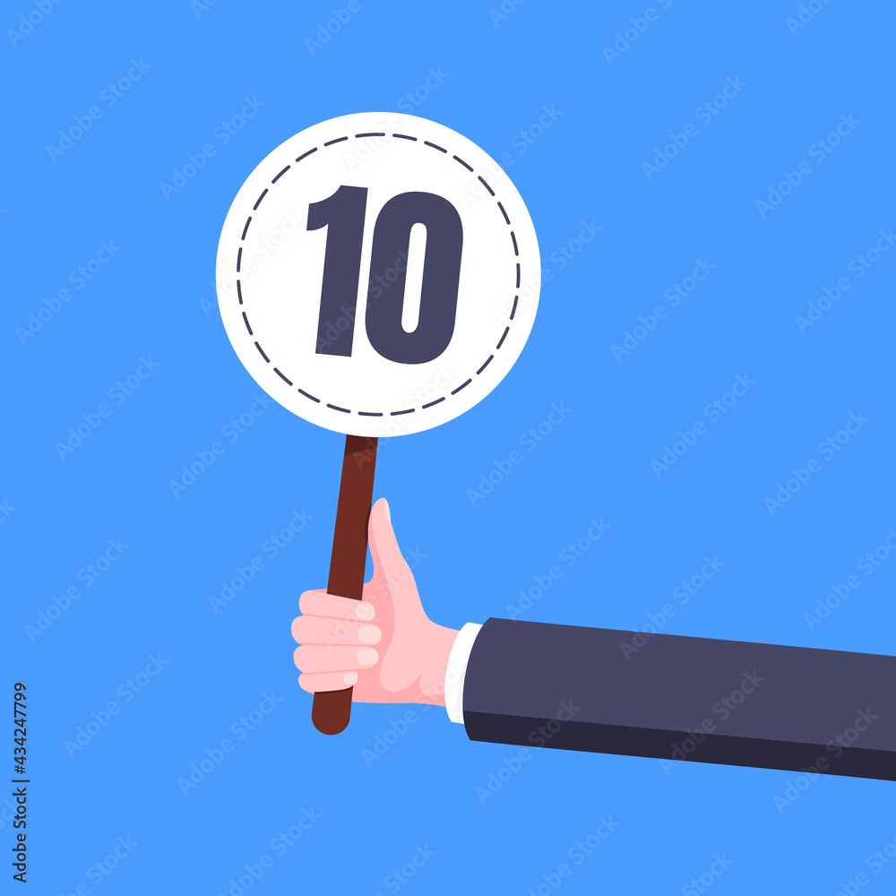 Hand hold round score card banner plate with number 10 business concept  flat style design vector illustration. Votes jury judges of tournament or  contest. Stock Vector
