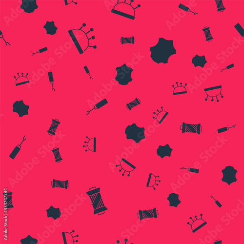 Set Sewing thread on spool, Needle bed and needles, Awl tool and Leather on seamless pattern. Vector