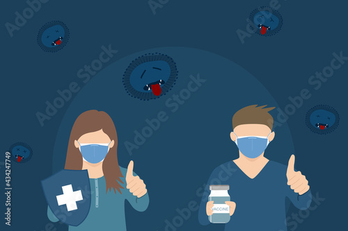Vector - Man and woman wearing double face mask, hold shield and a bottle of vaccine. 