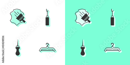 Set Hanger wardrobe, Leather, Awl tool and icon. Vector