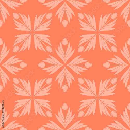 Seamless pattern with a pattern of the silhouette of tulips and leaves. Design in coral, orange for printing, packaging, fabric. Electric Tangerine. Damascus styling. Vector