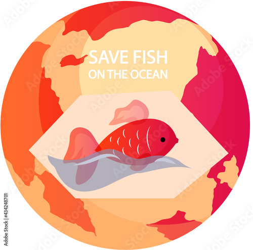 Red sea fish on background of planet. Eco friendly nature conservation, ocean protection. Representative of water area of Earth, marine inhabitant is swimming in ocean. Save fish in ocean concept