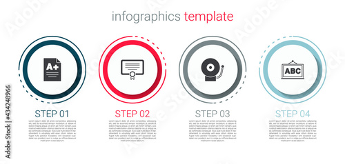 Set Exam sheet with A plus grade, Certificate template, Ringing alarm bell and Chalkboard. Business infographic template. Vector