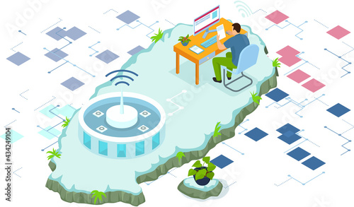 Online collaboration, remote business management, wireless computing service concept. Project management. Remote business. Coworking team of users connected by cloud computing video conference
