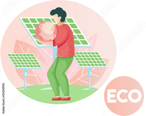 Alternative sources of energy. Production of green electricity without harm to environment. Creation of eco friendly energy. Man standing with globe in his hands near solar panels vector illustration