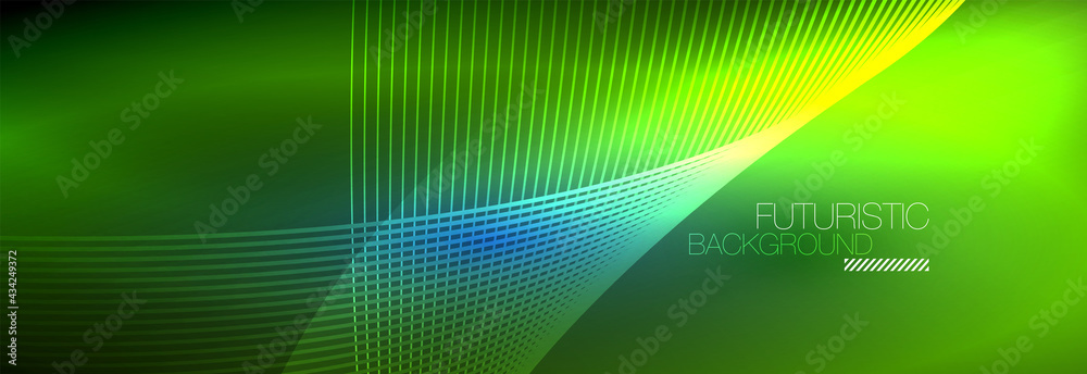 Abstract neon glowing light in the dark with waves. Shiny magic energy and motion concept, vector abstract wallpaper background Abstract neon glowing light in the dark with waves. Shiny magic energy and motion concept, vector abstract wallpaper background