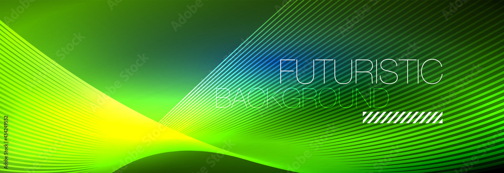 Abstract neon glowing light in the dark with waves. Shiny magic energy and motion concept, vector abstract wallpaper background Abstract neon glowing light in the dark with waves. Shiny magic energy and motion concept, vector abstract wallpaper background